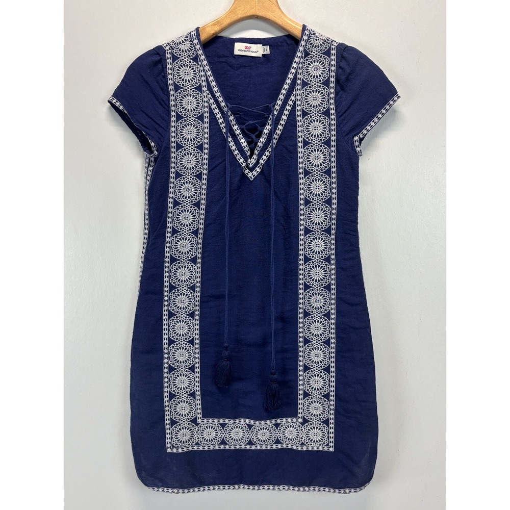 Vineyard Vines Linen Blend Dress 00 Blue Embroidered Short Lace Up Neck